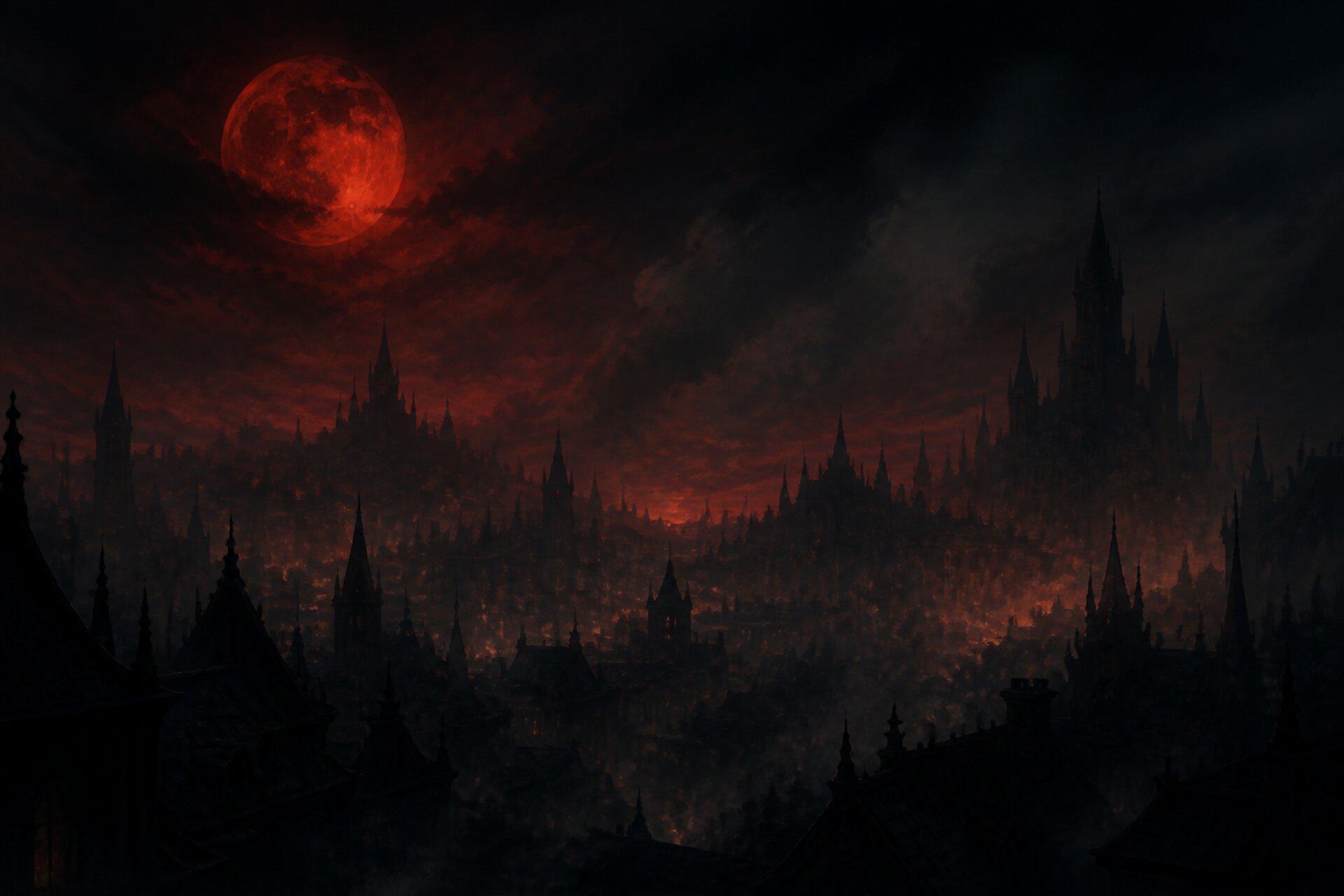 Atmospheric gothic city silhouette under a crimson moon — original fan-site artwork, not official game art