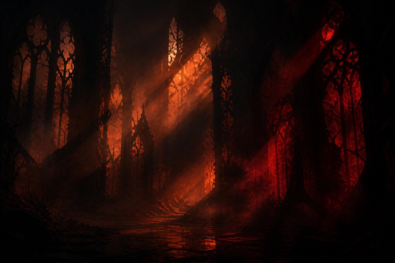 Abstract ember light through dark gothic arches — original fan-site artwork